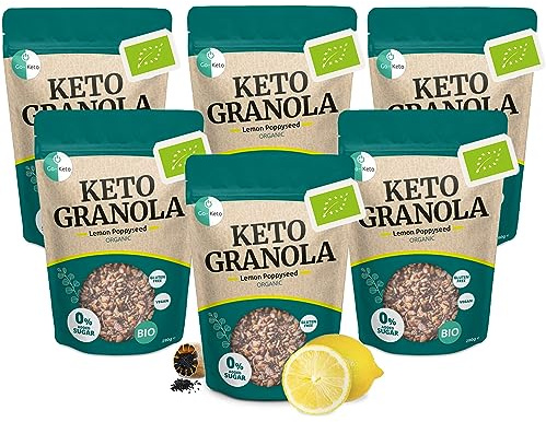 Go-Keto BIO Keto Granola Lemon Poppyseed 6x 290g - LowCarb Keto Muesli para un delicioso desayuno, con chips de coco, nueces, frutas, semillas de girasol y de calabaza, vegano, sin gluten