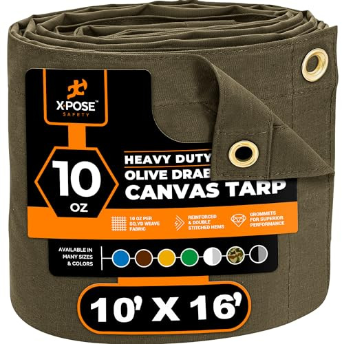 Xpose Safety Canvas Tarp - 10oz Olive Drab Canvas Tarps Heavy Duty Water Resistant with Brass Grommets- Multipurpose Outdoor Tarpaulin for Camping, Canopy, Trailer, Equipment Cover 10' x 16'
