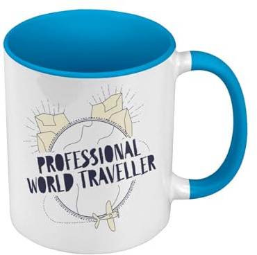 Tasse Farbe Premium Qualität Blau – Professional World Traveller Backpacker Travel – Tasse mit Henkel und farbigem Innenfutter