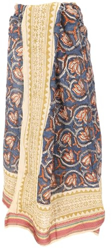 GURU SHOP lätt pareo-halsduk, sarong, handtryckt bomullstyg, Lungi med vävkant, män/kvinnor, 190 x 120 cm, Blå/senap, 190*120 cm