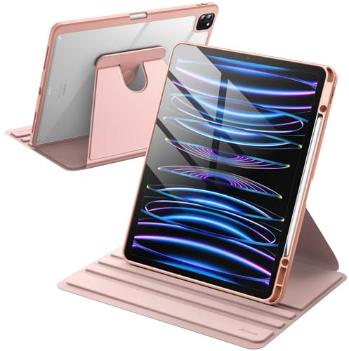 JETech Rotierende Hülle für iPad Pro 12,9 Zoll (2022/2021/2020/2018) mit Stifthalter, 360 Grad Drehbare Schutzhülle Ständer Transparente Rückseite, Auto Wachen/Schlafen (Roségold)