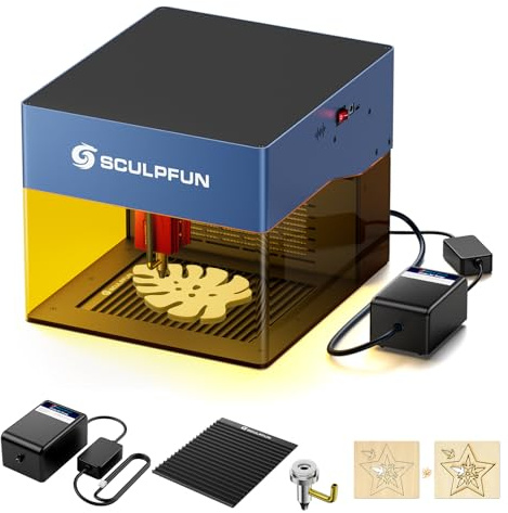 SCULPFUN iCube Pro Laser Graviermaschine 5W mit Luftpumpe, Waben Arbeitstisch, Rauchfilter, Tragbare Lasergravierer Laserschneider 10000mm/min Gravur Geschwindigkeit