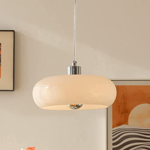 SANGPAO Lampe à suspension vintage en verre de lait chromé, décoration de la maison, lustre moderne du milieu du siècle, plafonniers suspendus à tambour vintage, lampes suspendues en bord de mer blanc