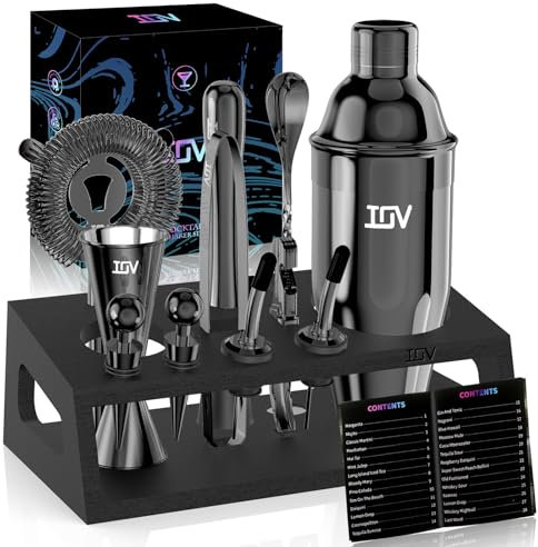IOV Mixology Bartender Kit With Stand | 12-Piece Cocktail Shaker Set | 24oz Martini Shaker Set For Drink Mixing | Bar Set Includes All Bar Tools And Recipe Booklet | Fun Housewarming Gift (Black)