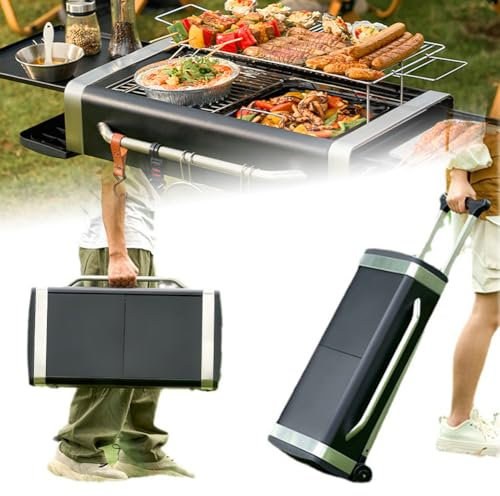 Parrilla Plegable, Parrilla de carbón con Ruedas, Parrilla para Barbacoa con Barra de Tiro, Mini Parrilla portátil, Parrilla para Acampar al Aire Libre, área de Barbacoa 47 cm * 25 cm para 6-8