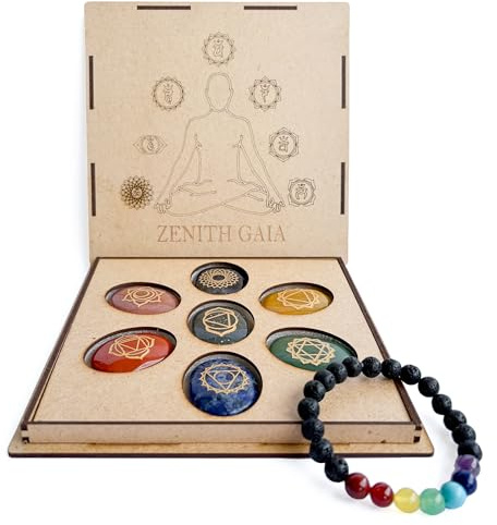 Zenith Gaia Premium Chakra Steine Set mit Armband – Handgefertigte 7 Edelsteine – Natursteine in edler Holzbox – Chakra Heilsteine Set für spirituelles Gleichgewicht und Energiearbeit - Worry Stones