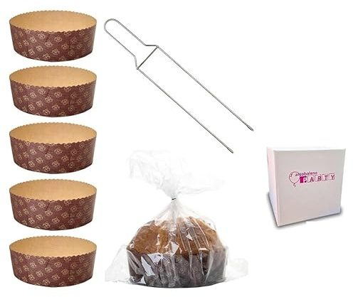 ARCOBALENO PARTY Kit Stampo Panettone Basso 5 Pz da 750 gr + Spillone Panettone + Sacchetti Alimentari 5pz Pirottini Panettone di Carta Ondulata in Pura Cellulosa Resistente al Calore 220°C