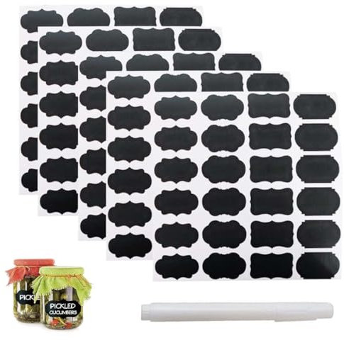 XURJUMI 120 Pièces Étiquette Bocaux, Réutilisable Étiquette Noir, Imperméable Étiquettes pour Bocaux, Avec 1 stylo blanc, Etiquettes Autocollantes Bocaux pour Bouteilles, Tasses,Pots à Épices