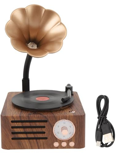 Beufee Altoparlante Bluetooth retrò, altoparlante stereo a forma di giradischi ruotabile con cavo USB Altoparlante musicale portatile da esterno con venature del legno vintage per