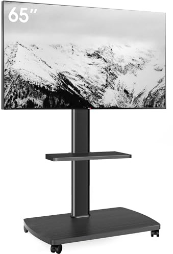 AOKCOS TV-stativ, rullbart med trähyllan, TV-ställning på hjul för 32–65 tums TV, TV-golvstativ justerbar i höjd och svängbar, upp till 40 kg max. VESA 400x400mm (Svart)