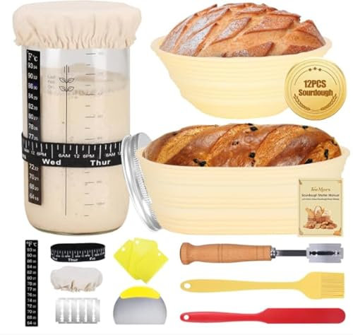 Kit complet de levain pour débutant, pot de levain de 1000 ml, 2 paniers à pain, thermomètre, suivi du temps d'alimentation, grattoir en métal, fournitures de cuisson complètes pour pain au levain