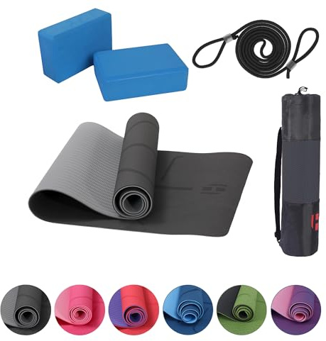 Habib Yogamatte Set mit Yogablöcken – Rutschfeste gepolsterte Fitnessmatte inkl. Tragetasche mit Schultergurt – 2er Set Blöcke für Pilates, Meditation & Erholung