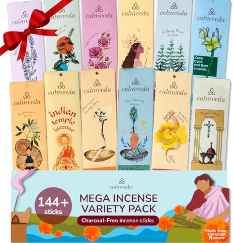 CALMVEDA Natural Incense Sticks Mega - Variety Pack (144 Insence-sticks Bulk, 12 Aromas) Clean No Charcoal, Made from Upcycled Flowers | Organic Incense Sticks Non Toxic (Slow burn, Longlast)