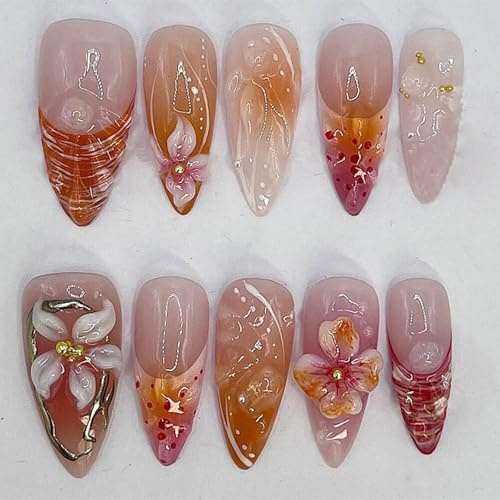 Cosmeria Press on Nails, 24pcs Handmade Medium Almond Fake Nails with 3D Flower Design, Glossy Reusable Summer False Nails for Women Girls Manicure