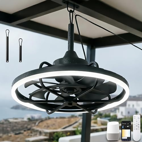 KZT Deckenventilator mit Beleuchtung und Fernbedienung IP65 Wasserdicht Aussen Ventilator Deckenleuchte, Kompatibel mit Alexa/Google/App, 6 Geschwindigkeiten Leise Dimmbar Fan Deckenlampe für Outdoor
