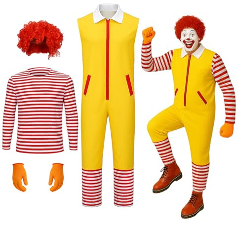 LIKUNGOU Payaso M Cosplay Disfraz Traje Amarillo Rayas Rojas y Blancas Camiseta Peluca Halloween Navidad Adulto (XXL)