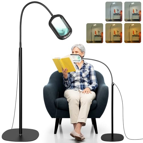 12X Rechteckige Lupe mit Licht und Ständer, 24-Zoll Flexibler Schwanenhals-Vergrößerungslampe mit Ständer, 5 Farbmodi stufenlos dimmbar, 3-in-1 LED-Vergrößerungslampe freihändig für Naharbeit, Lesen