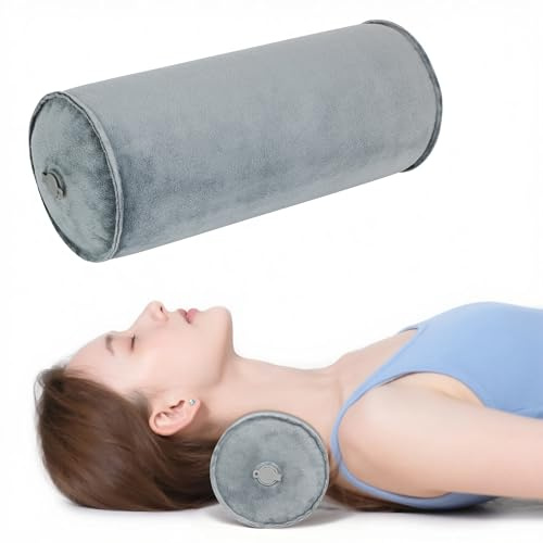 EULANT Inflatable Round Travel Bolster Cushion 12.5x38cm, Cuddly Soft Velvet Neck Pillow for Camping, Knee Roll Cushions, Round Cushion Support for Armrest at Sofa & Bed, Compact and Lightweight