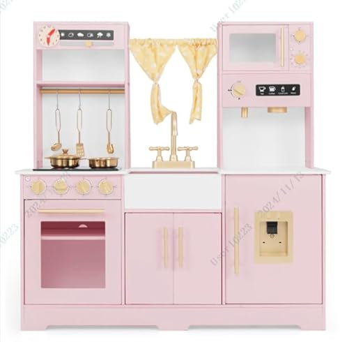 COSTWAY Kinderküche aus Holz, Spielküche mit Licht und Sound, Kinder Küche mit Spüle, Wasserhahn, Herd, Wasserspender, Mikrowelle, Spielzeugküche mit Zubehör für Kinder ab 3 Jahren (Rosa)