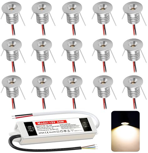 Einbaustrahler LED 1W, mini led Spot,led einbaustrahler 12V Lochmaß 15-18mm,Deckenspots IP65 Einbauspots Warmweiß,Led spot für Carport Badezimmer Küche,mit 230V Trafo,15er set (Silber Warmweiß 3000k)