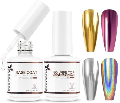 Nicedeco Base y Top Coat Semipermanente para Polvo de Cromo UV LED Soak off Kit de Uñas Sin crueldad Esmaltes Semipermanentes en Gel Para Kit de Manicura y Pedicura - Vegano 2 x 15ml