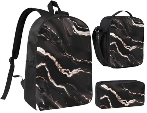 LXqlSS Mochila con estampado de mármol negro y oro rosa para uso diario, juego de 3 mochilas con lonchera y estuche para lápices