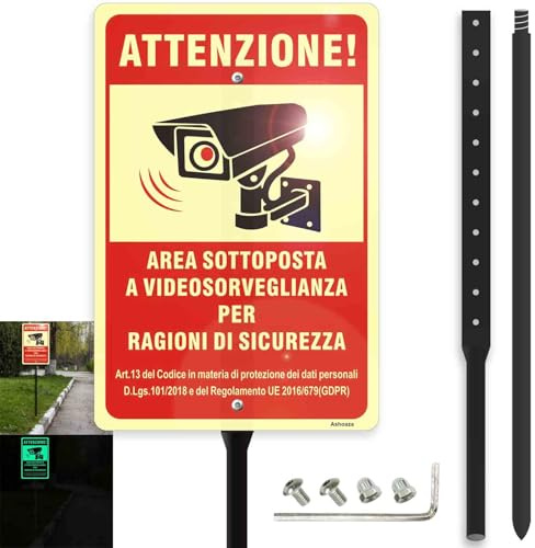Cartello Area Videosorvegliata Alluminio con Staffa,1 Pz Cartelli Telecamera Sorveglianza luminescente con Supporto, 30x20CM, con 4 Fori Preforati, Riflettente, Impermeabile, Interno ed Esterno
