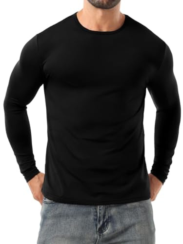 PrinStory Camiseta térmica para hombre UK de manga larga, ropa interior térmica de cuello redondo, capa base básica de invierno, camiseta cálida y suave, Negro, XL