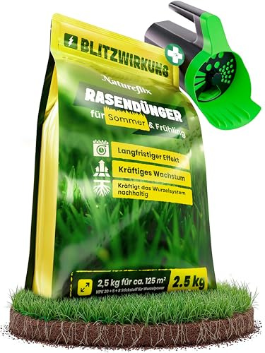 Natureflix Rasendünger Frühjahr & Sommer inkl. Handstreuer | Tierfreundlicher Langzeitdünger für jeden Rasendünger frühling | (Staubarme Körnung 2-5mm) | Frühlingsdünger (2,5kg für 125m²)