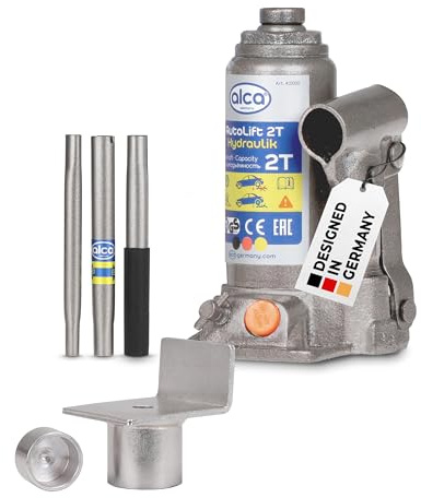 alca® Wagenheber Set hydraulisch 2 t, inkl. L-Adapter, 158-308 mm Hubhöhe | kompakter Stempelheber aus Stahl, Unterstellheber im Bundle mit U-Adapter, TÜV-Zertifiziert, für Caravan, Anhänger, Auto, SUV