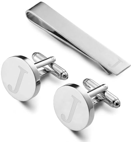 Manschettknappar för män och slipsklämmaset, personliga manschettknappar för bröllop, bankett, ceremoni, affär (silver-J)
