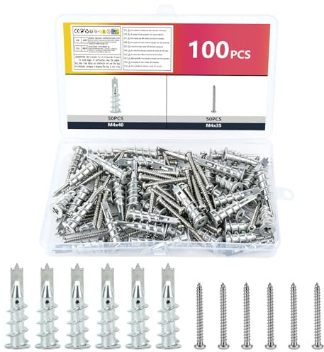 100 Pcs Heavy Duty Plasterboard Fixings, Wall Plugs and Screws Set, M4X40mm | Stainless Steel Self Drilling Anchor Screws, Plaster Board Wall Fixings, Drywall Fixings