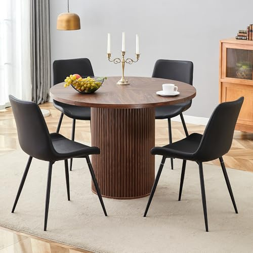 Juego de mesa de comedor redonda de 100 cm, aspecto de nogal con 4 sillas, color negro, juego de 5 piezas, mesa de columnas de diseño moderno con aspecto de listones y sillas de piel sintética, juego