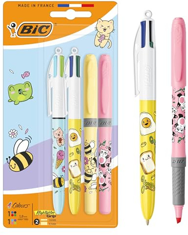 BIC 4 Couleurs Décors Série Kawaii Stylos-Bille Rétractables à Pointe Moyenne (1,0 mm) Encres Fantaisie de Couleur + BIC Highlighter Grip Décors Pointe Biseautée - Motifs Kawaii Assortis, Pack de 4