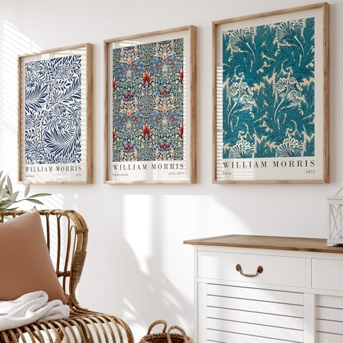 BlissPrintStudios Set of 3 Blue William Morris Botanical Wall Art Prints – A3 Vintage Larkspur, Snakeshead & Tulip Gallery Wall Set – 250gsm Premium Paper – Unframed