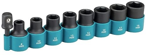 Makita B-54645 9-teiliges Cr-Mo 1/2-Zoll-Schlag-Steckschlüssel-Set mit 1/4-Zoll-Sechskant-Adapter