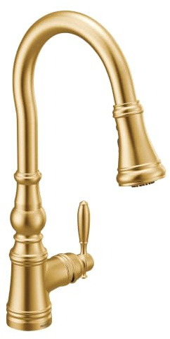 Moen Weymouth Brushed Gold Traditional Shepherd's Hook Pulldown Kitchen Faucet Featuring Pull Down Spray Head with Power Boost, S73004BG