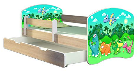 ACMA Lit Enfant Junior TIROIR Matelas Gratuite CHÊNE Sonoma II (30 Dinosaures, 140 x 70 cm + tiroir)