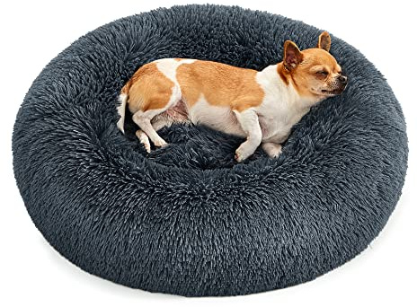 Feandrea fluffig hundsäng, kattbädd, munkdyna, tvättbar, avtagbar mittstoppning, lång plysch, 60 cm diameter, mörkgrå PGW038G02