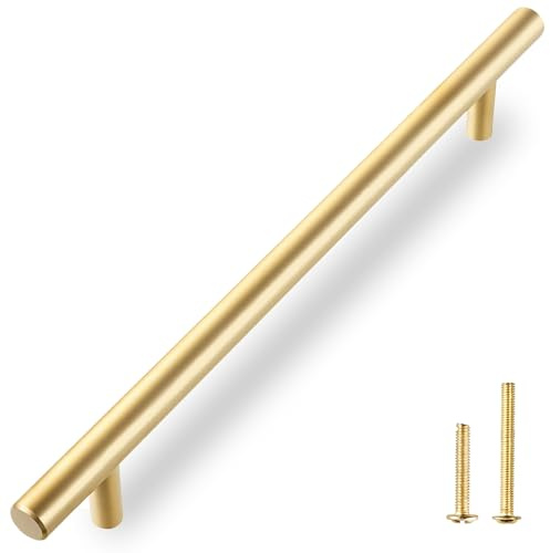 QOGRISUN 2-Pack Solid Brass Cabinet Pulls, Gold Long Drawer Handles, 10 Inch Hole Center for Large Kitchen Cabinets, Cupboard, Dresser, Wardrobe Closet Door, Brushed Brass Finish