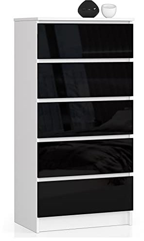 AKORD Kommode K60 mit 5 Schubladen | für das Wohnzimmer Schlafzimmer Schrank Büro Arbeitszimmer | Modernes Funktionales Design | B60 x H121 x T40 cm, Gewicht 39kg | Weiß/Schwarz Glänzend