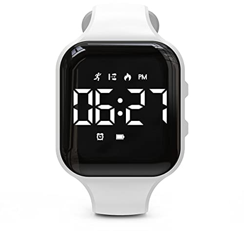 Reloj de fitness con LED sin Bluetooth, podómetro digital, con cuenta de pasos, distancia, calorías, cronómetro, reloj despertador, gran regalo para niños, niños y Navidad (cuadrado,blanco)