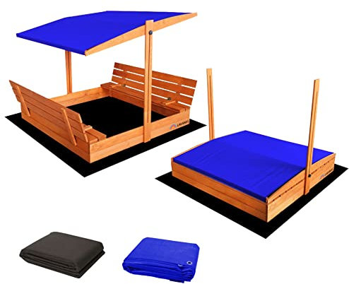 Ladanas® bac à Sable Enfant en Bois fermé de 140 x 140 cm avec bancs-bac a Sable avec Couvercle- Bois de pin imprégné -bac à Sable avec Toit surbaissé -1 bâche de Protection 1 bâche Isolante- Bleu