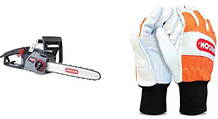 OREGON CS1400-2400W leistungsstarke elektrische Kettensäge mit 40 cm Kettenführung, 230-V-Motor, ControlCut-Technologie, 3 Jahre Garantie & Kettensägen-Schutzhandschuhe aus Leder - Größe 9 (M)