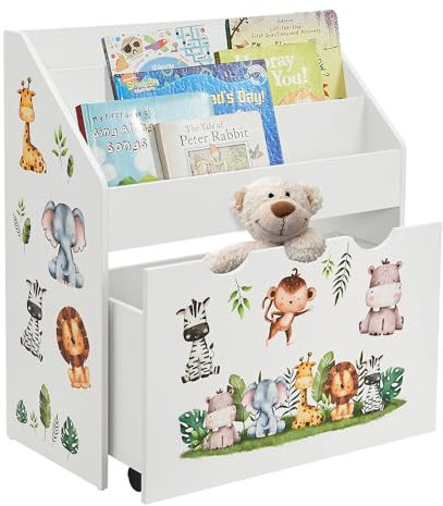 Juskys Kinder Bücherregal mit 3 Fächern & Spielzeugkiste - Holz Regal 63x30x70 cm BTH - Aufbewahrung von Büchern & Spielzeug im Kinderzimmer - Weiß