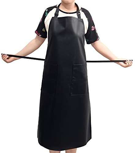 Fimghsoo Grembiule Impermeabile Grembiule da Cucina Regolabile con 2 Tasche Grembiule Lavoro PU per Donna Uomo Cucina Domestica Ristorante Caffè Bistrot (Nero-1pezzo)