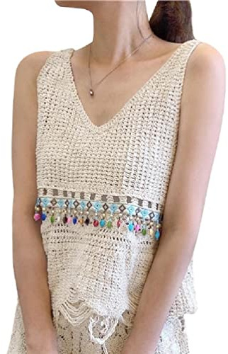 NRVTRE Pull à franges sans manches pour femme - Style bohème - Perles - Col en V - Crochet - Tricot - Crop Tank Top Cover Up - Débardeurs pour femmes