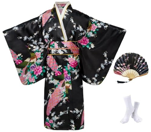 KRUIHAN Kimono para Niña Vestido para Niños Ropa Tradicional Bata de Tela de Seda Ropa de Boda Vestido de Fiesta,Conjunto de Disfraces de Cosplay con Abanicos Plegables y Calcetines Tabi,Negro,140