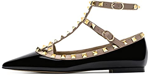 WOkismD Tacchi Spessi per Le Donne Slingback T-Strap Décolleté Moda Rivetto con Borchie Punta Chiusa Sandali Tacco Basso Casual Strappy Abbigliamento Quotidiano Abito da Sera Scarpe,Marrone,38