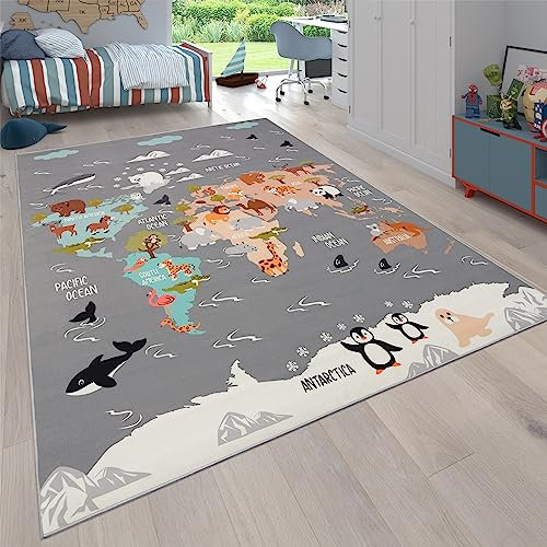 Paco Home Alfombra De Habitacion Bebe Infantil Niña Niño De Juego Motivo Animal Antideslizante Moderna Gris Azul Marron, tamaño:80x150 cm